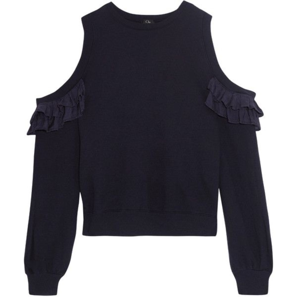 Clu Navy Cold Shoulder Ruffle Trim Crewneck Sweatshirt Sz M